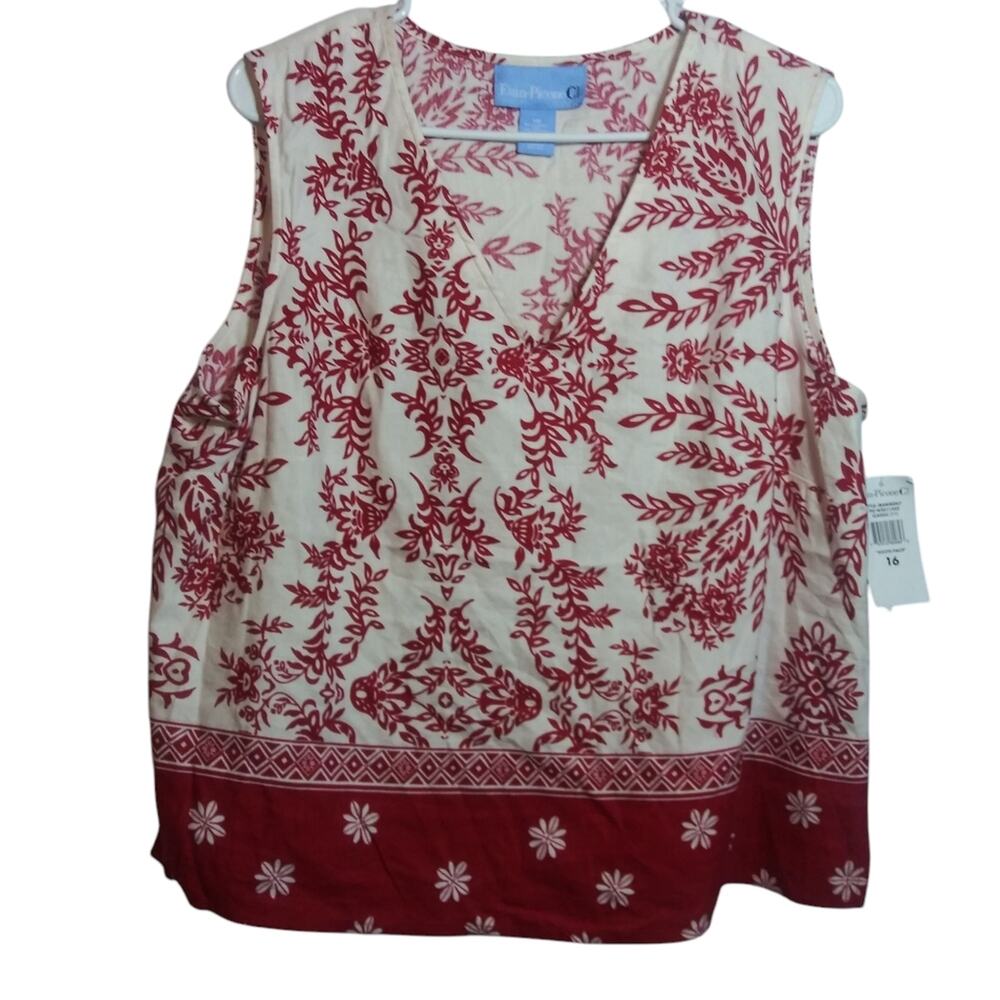 Evan Picone Casual Linen Red White Sleeveless South Pacific Blouse Size 16